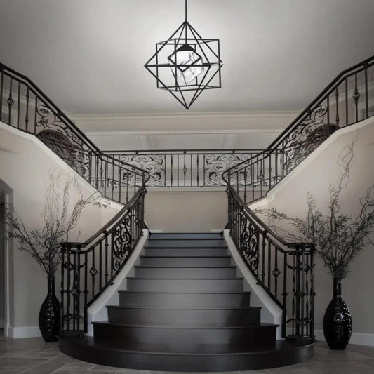 Black pendant light, by Schonbek, for kitchen island or dining, angled view