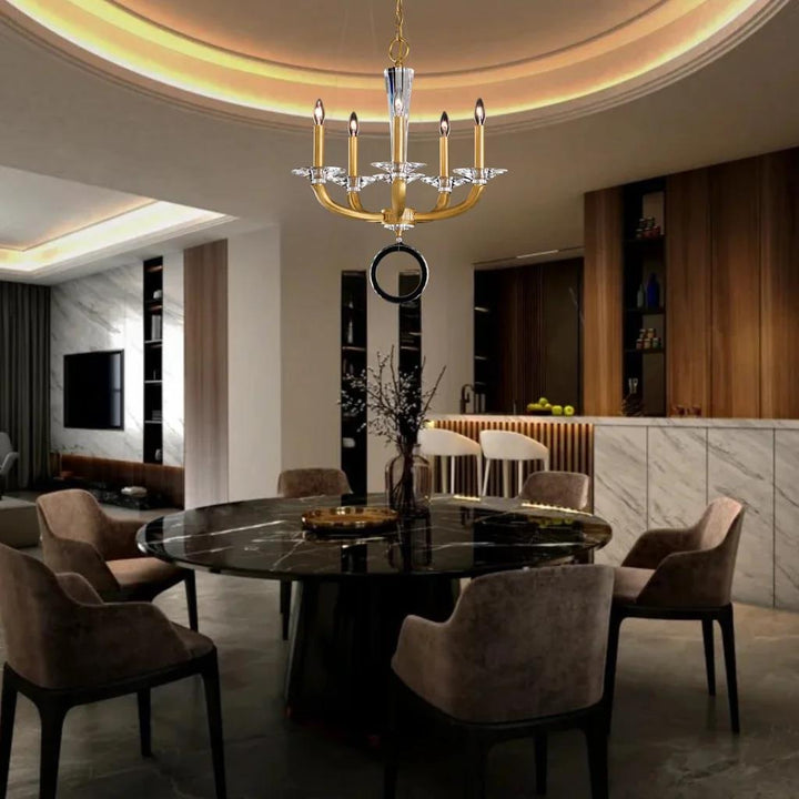 Heirloom gold chandelier, by Schonbek, angled view