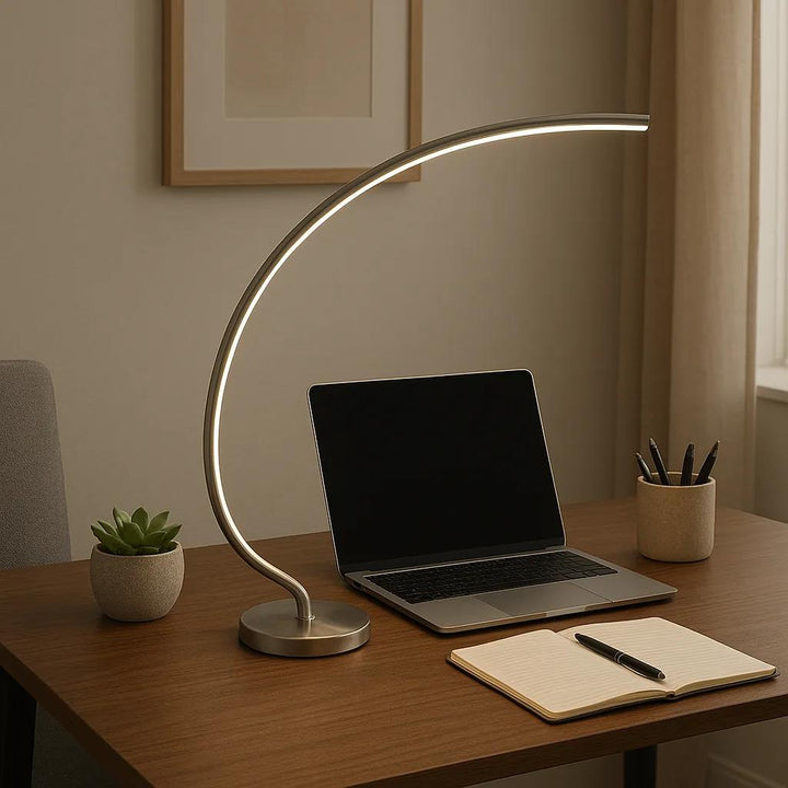 LED satin chrome light fixture, by Dainolite, angled view