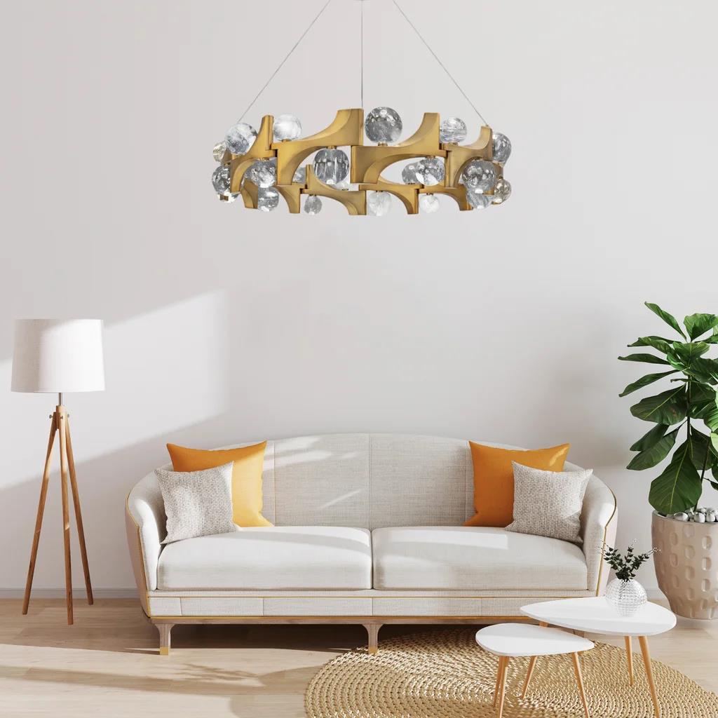 Aged brass pendant light, by Schonbek, for kitchen island or dining, angled view