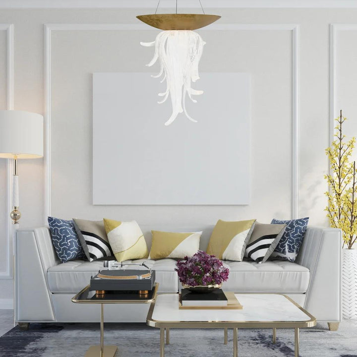Gold leaf finish chandelier, by Modern Forms, angled view