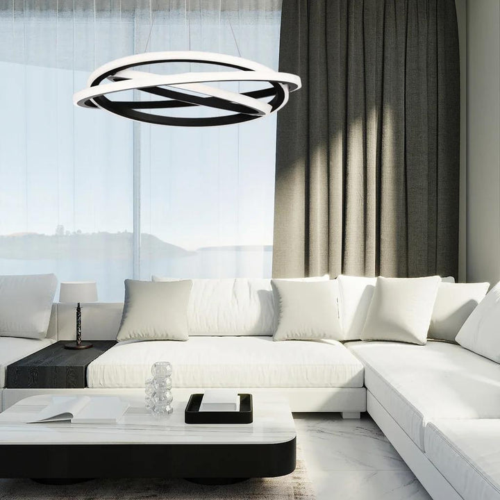 Black finish chandelier, by Modern Forms, angled view