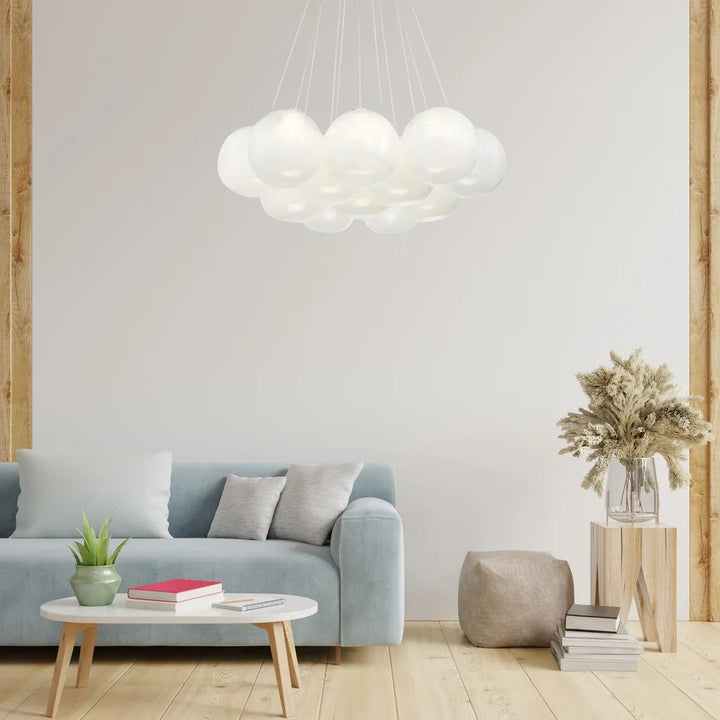 Brushed nickel finish chandelier, by Modern Forms, angled view