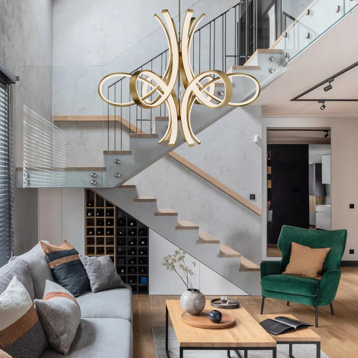 Aged brass finish chandelier, by Modern Forms, angled view
