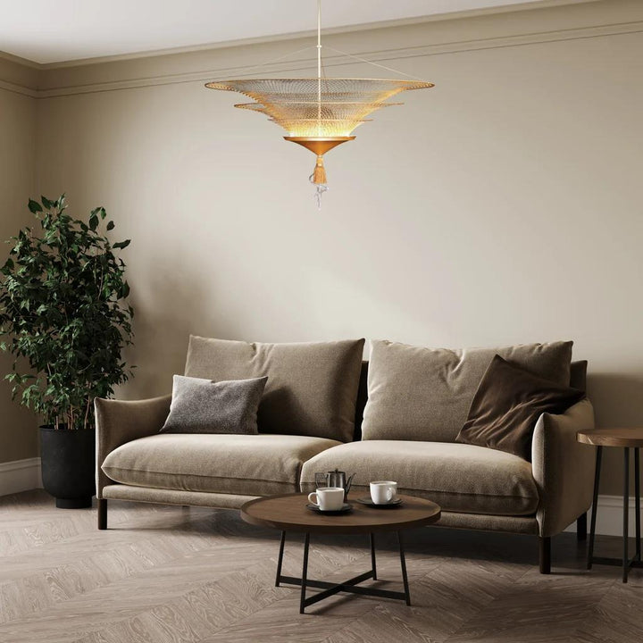 Gold pendant light, by Schonbek, for kitchen island or dining, close-up