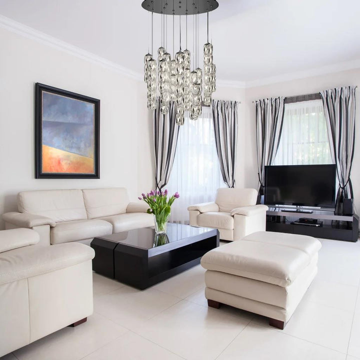 Polished stainless steel pendant light, by Schonbek, for kitchen island or dining, angled view