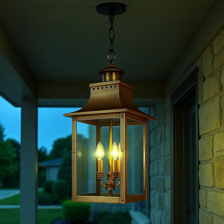 Aged copper wall sconce, by Quoizel, for hallway or living room, angled view