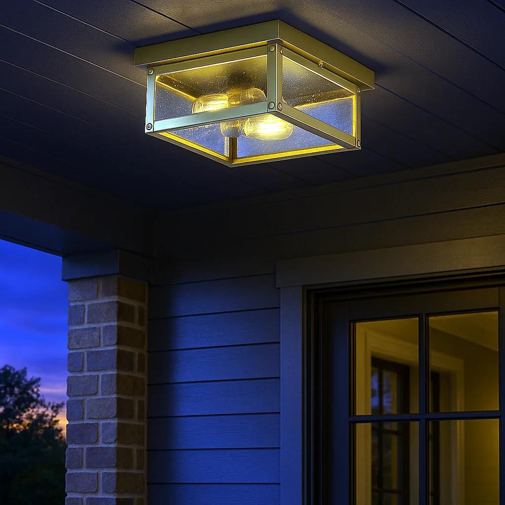 Antique brass outdoor ceiling light, by Quoizel, for hallway, bedroom, or entryway, angled view