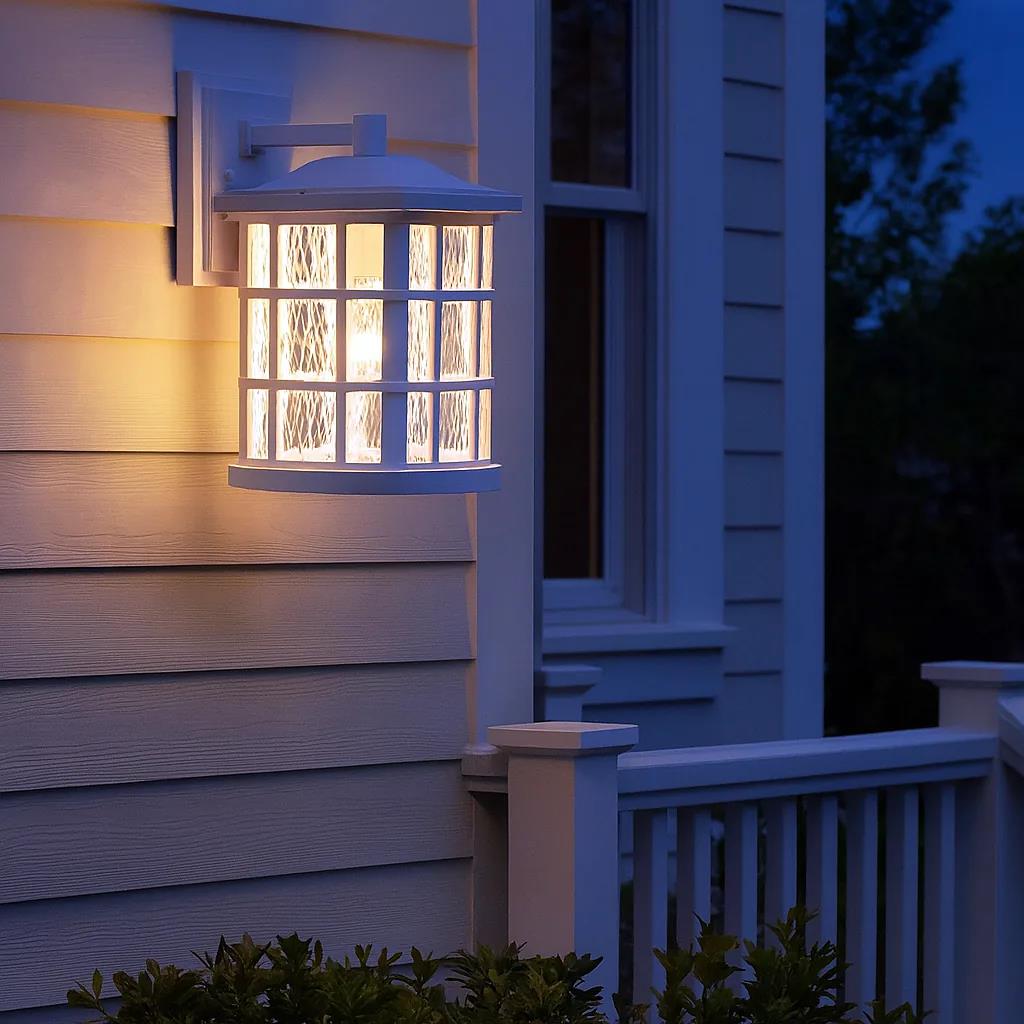 Matte white wall sconce, by Quoizel, for hallway or living room, angled view
