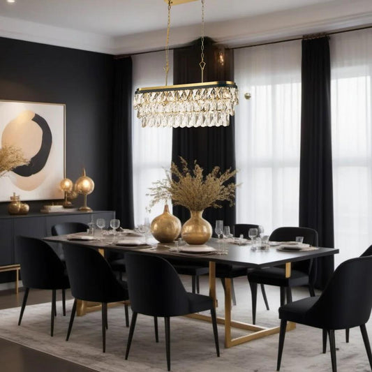 Gold+black metal/ clear crystal chandelier, by Maple, angled view