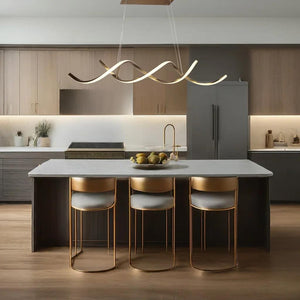 Gold pendant light, by Maple, for kitchen island or dining, side view