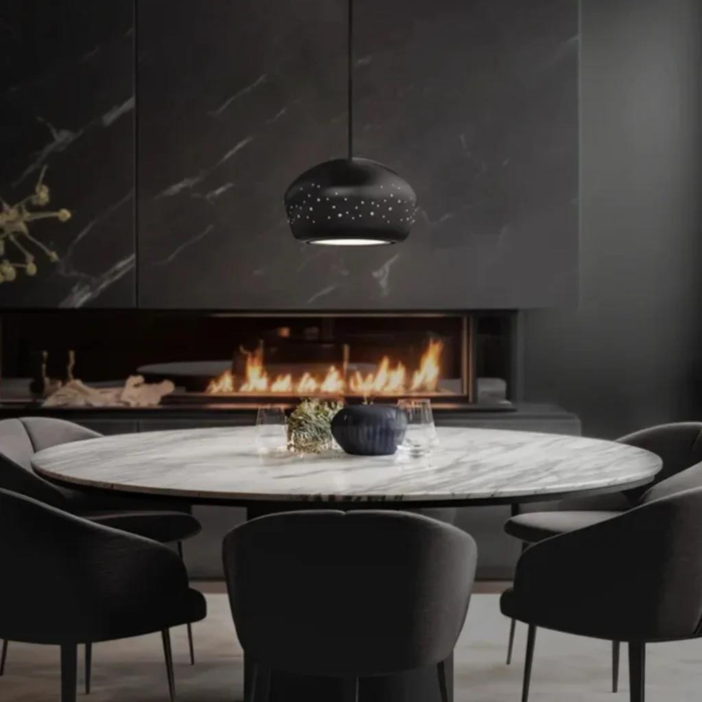 Black pendant light, by Schonbek, for kitchen island or dining, angled view