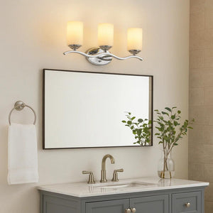 Chrome finish vanity light, by Maple, for bathroom, angled view