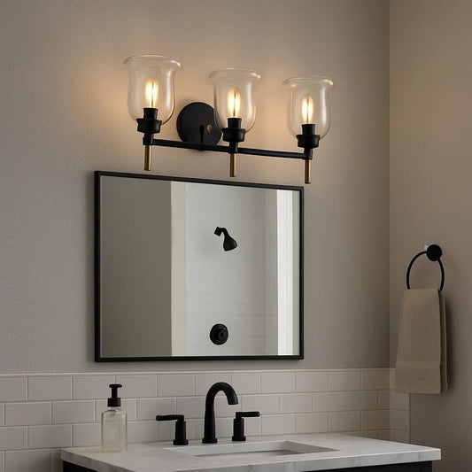 Black finish vanity light, by Maple, for bathroom, angled view