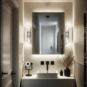 Black finish bath bar, by Maple, for bathroom, angled view