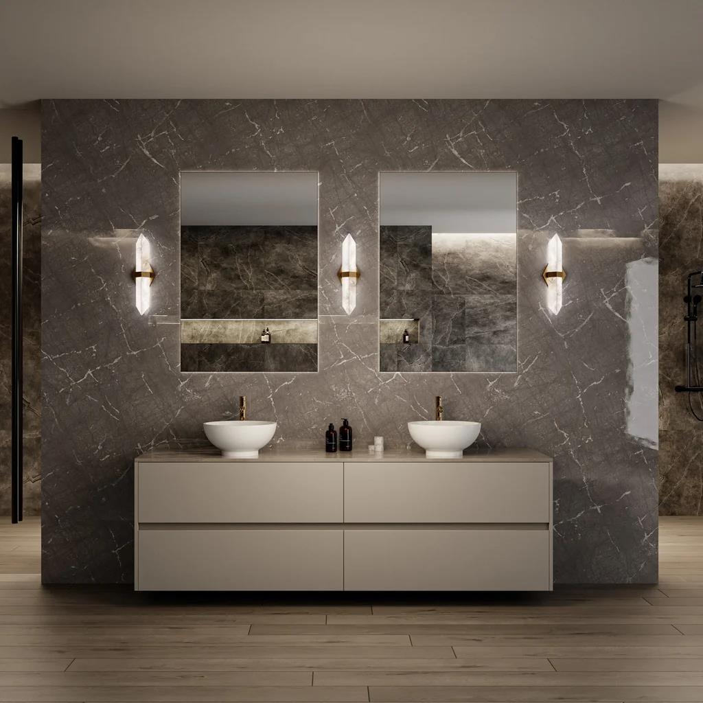 Aged brass finish vanity light, by Modern Forms, for bathroom, angled view