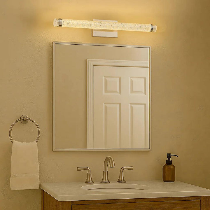 Polished chrome vanity light, by Quoizel, for bathroom, angled view