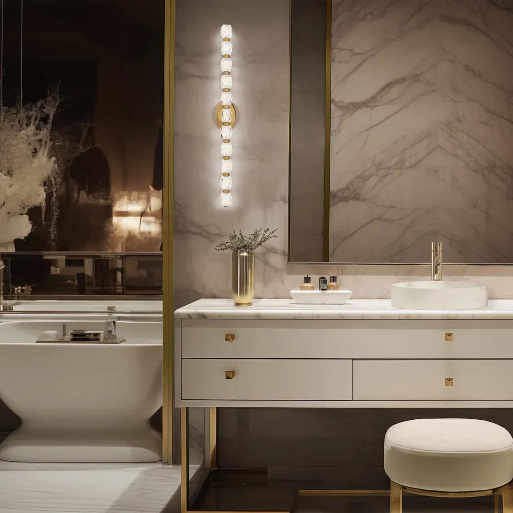 Aged brass bath bar, by Schonbek, for bathroom, angled view