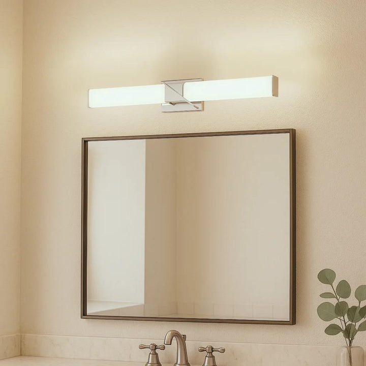 Chrome with milk white glass bath bar, by Maple, for bathroom, angled view