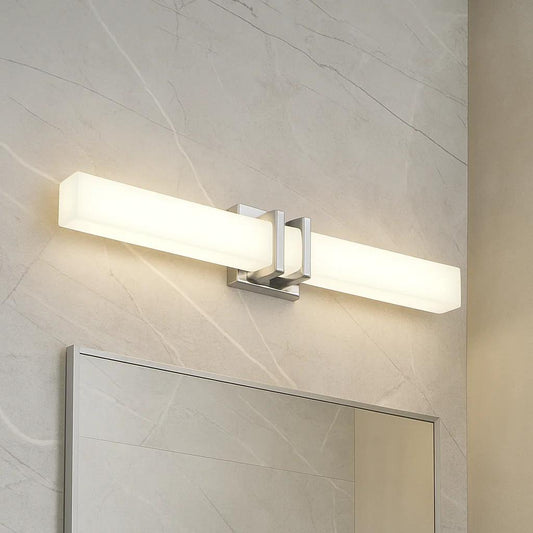 Chrome with milk white glass bath bar, by Maple, for bathroom, angled view