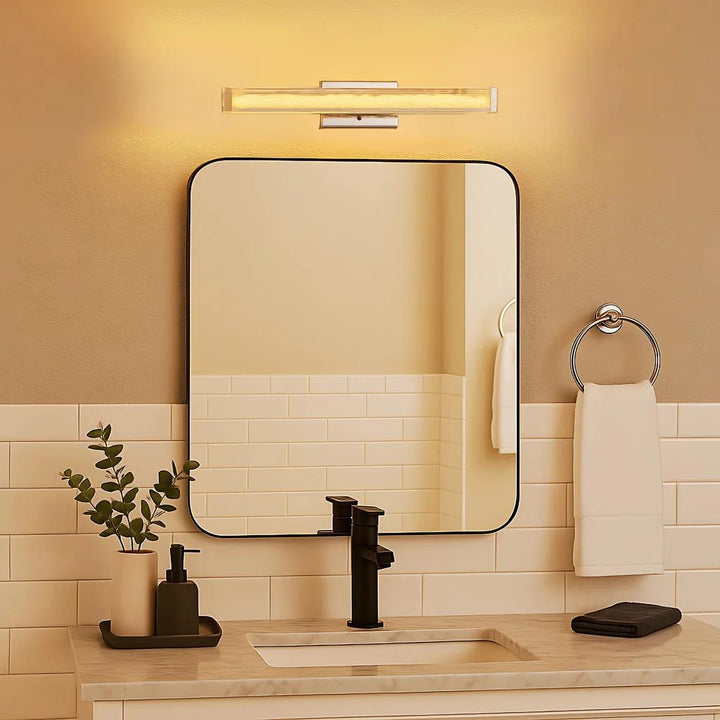 Chrome bath bar, by Maple, for bathroom, angled view