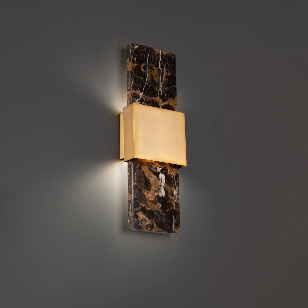 Black & aged brass finish wall sconce, by Modern Forms, for hallway or living room