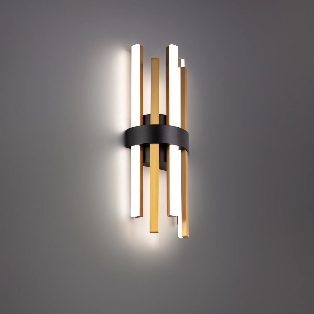Black & aged brass finish wall sconce, by Modern Forms, for hallway or living room