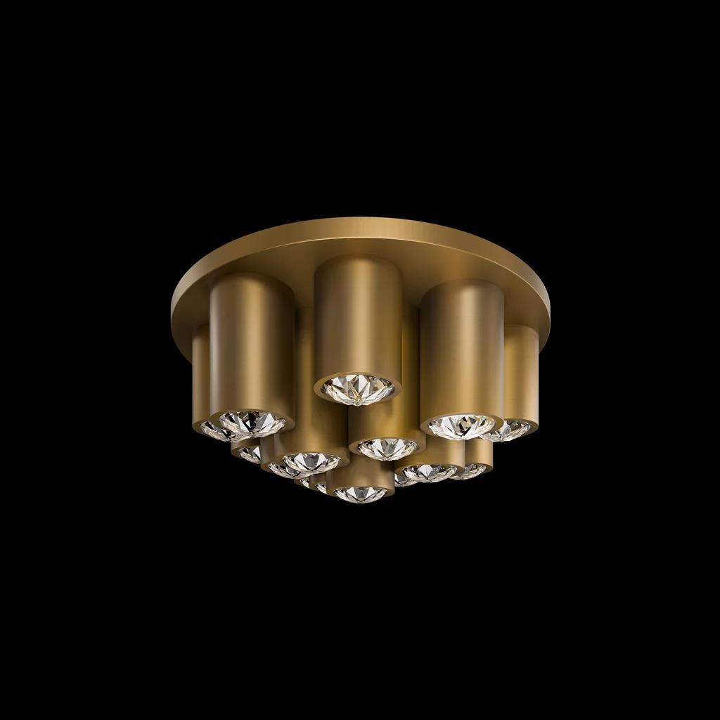 Aged brass flush-mount ceiling light, by Schonbek, for hallway, bedroom, or entryway