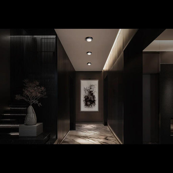 Black flush-mount ceiling light, by Schonbek, for hallway, bedroom, or entryway