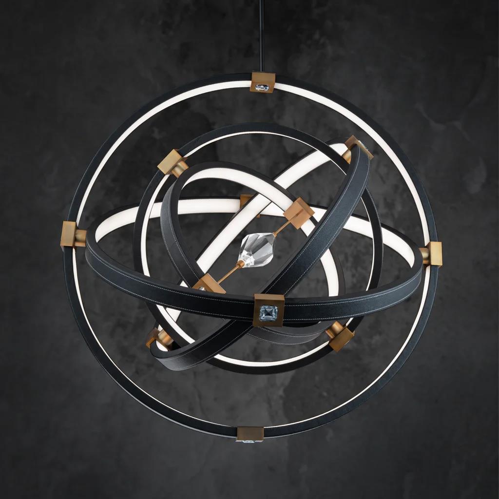 Black leather - aged brass pendant light, by Schonbek, for kitchen island or dining