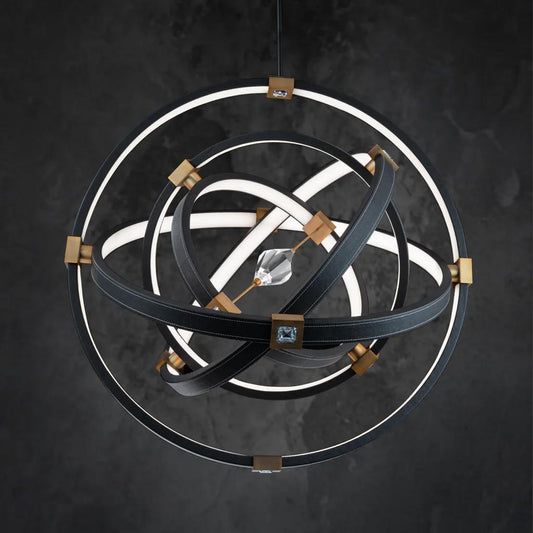 Black leather - aged brass pendant light, by Schonbek, for kitchen island or dining