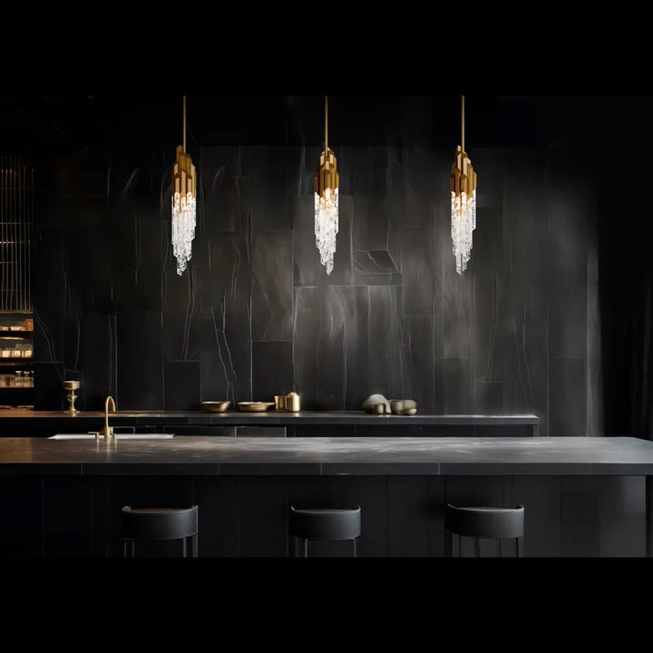 Aged brass pendant light, by Schonbek, for kitchen island or dining, angled view