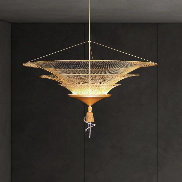 Gold pendant light, by Schonbek, for kitchen island or dining, close-up
