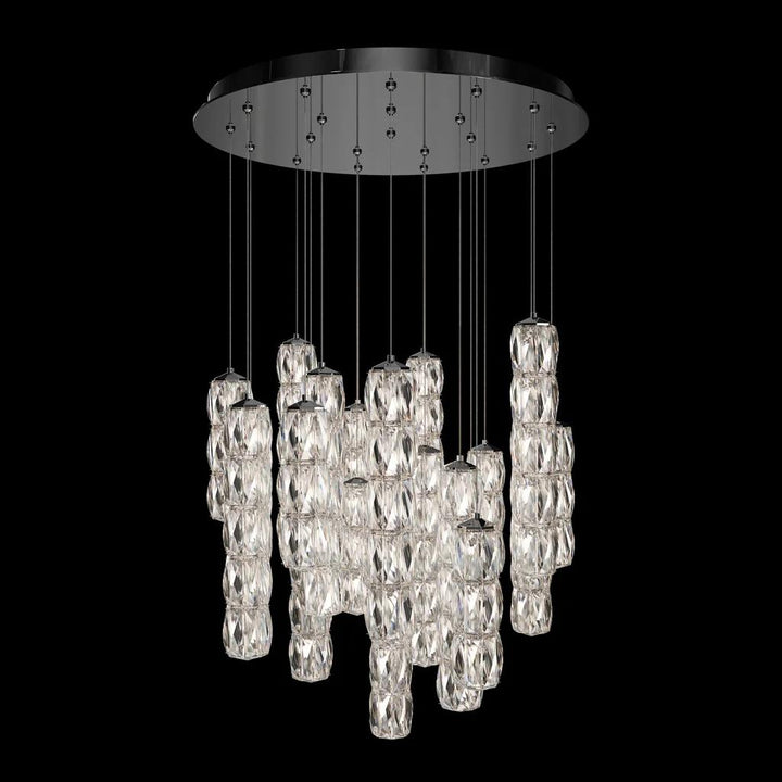 Polished stainless steel pendant light, by Schonbek, for kitchen island or dining