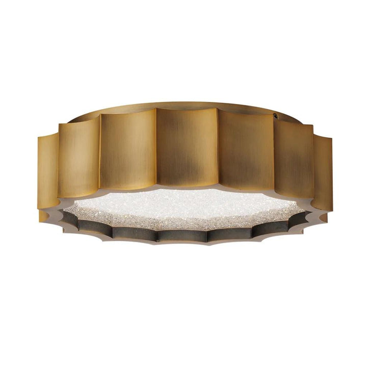Aged brass flush-mount ceiling light, by Schonbek, for hallway, bedroom, or entryway