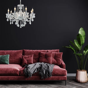 Chrome metal+ clear glass+crystal chandelier, by Maple, angled view