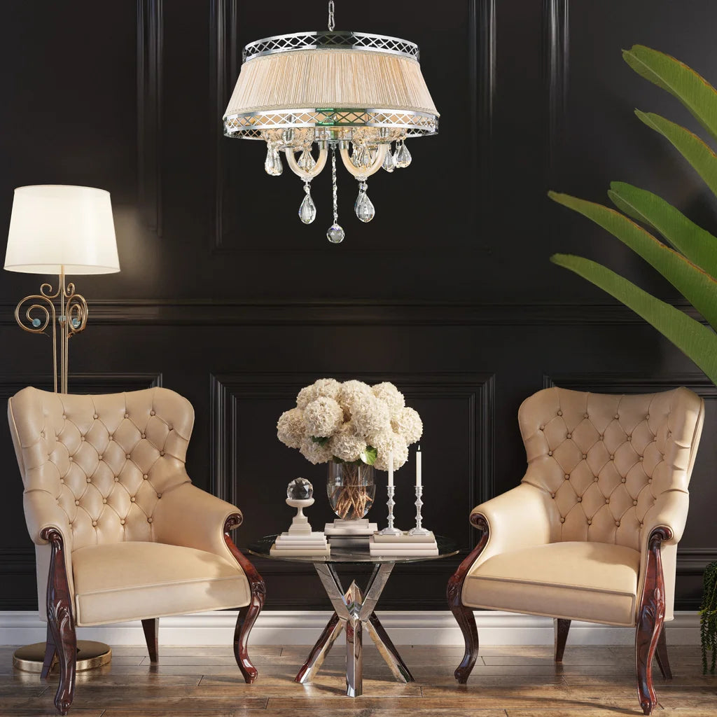 Chrome metal + clear crystal+champagne gold shade chandelier, by Maple, angled view