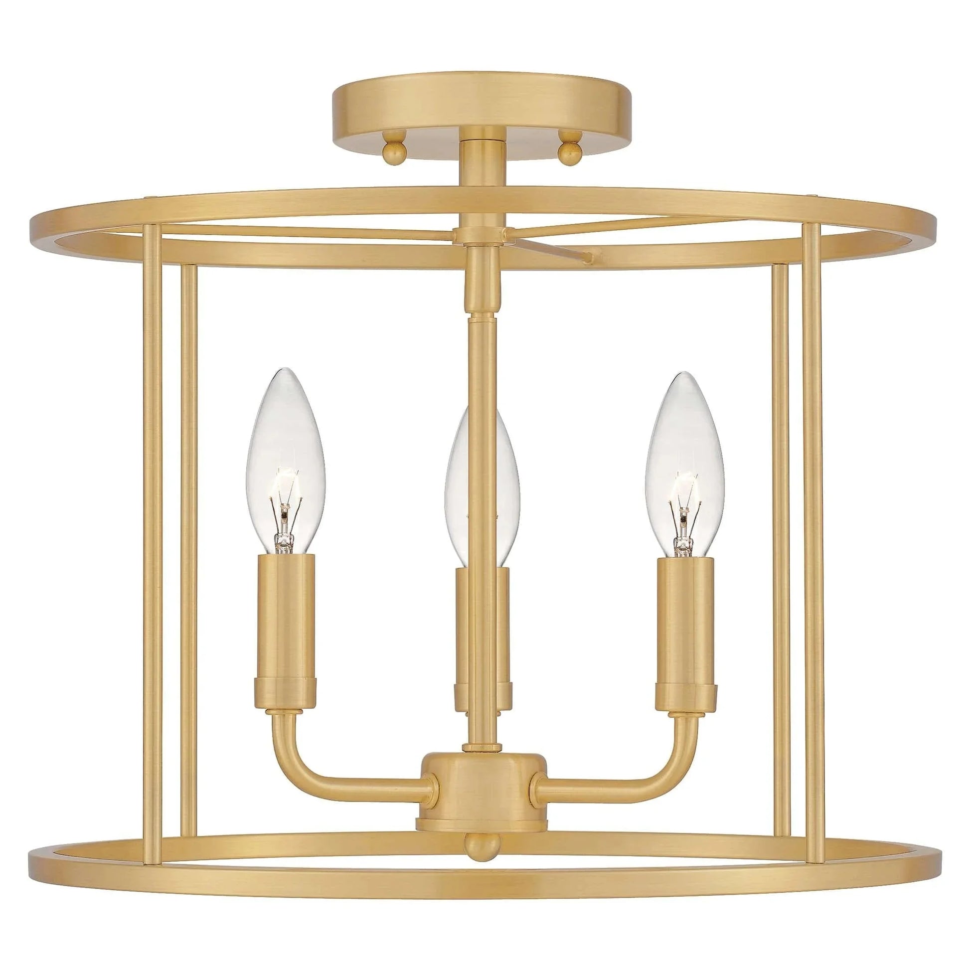 Aged brass semi-flush mount ceiling light, by Quoizel, for hallway, bedroom, or entryway