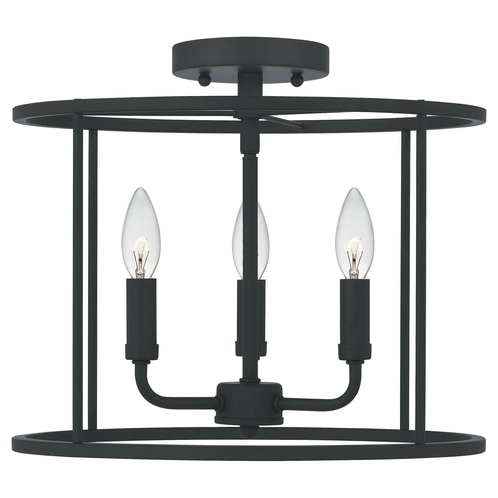 Matte black semi-flush mount ceiling light, by Quoizel, for hallway, bedroom, or entryway
