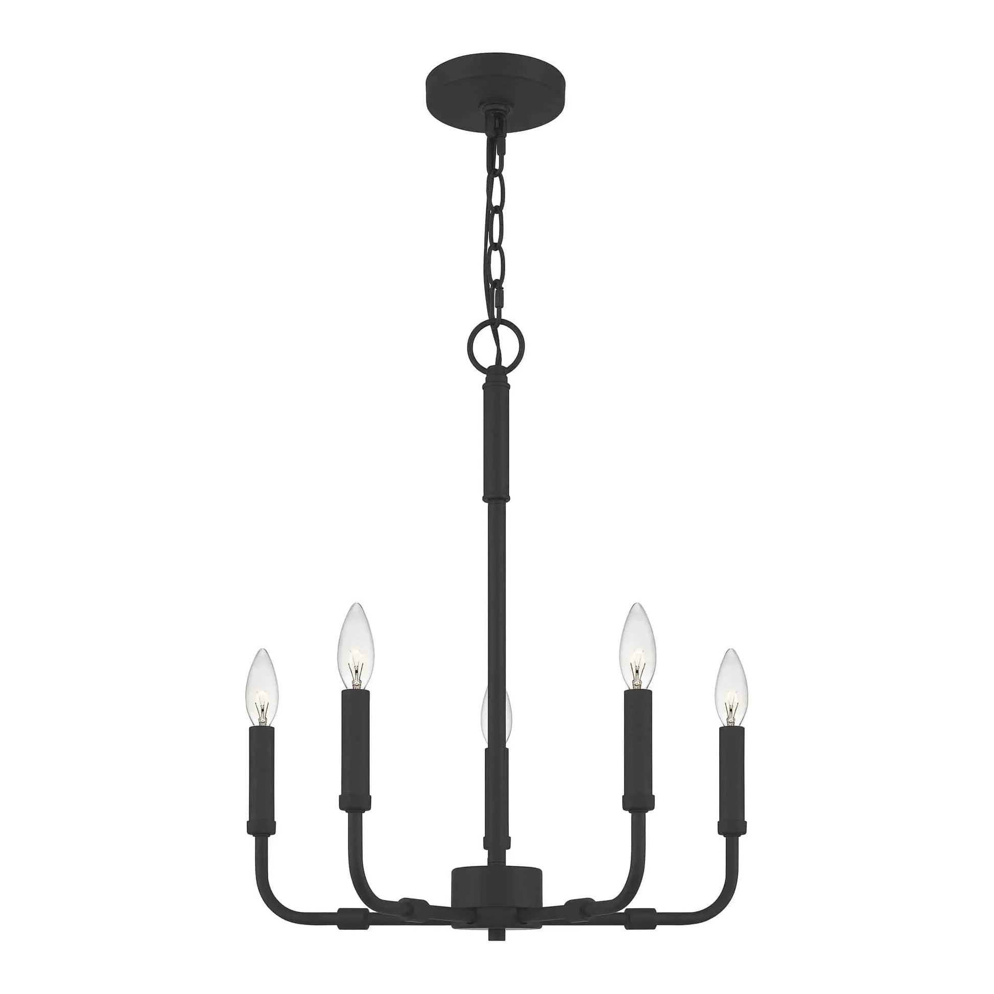 Matte black chandelier, by Quoizel