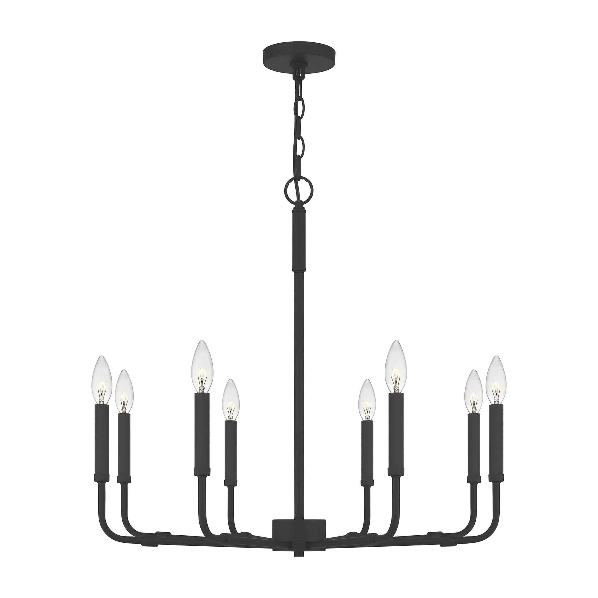 Matte black chandelier, by Quoizel