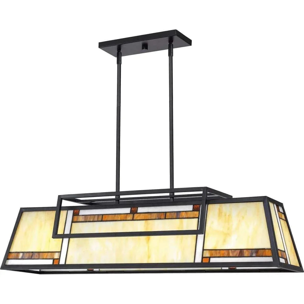 Matte black island pendant, by Quoizel, for kitchen island or dining