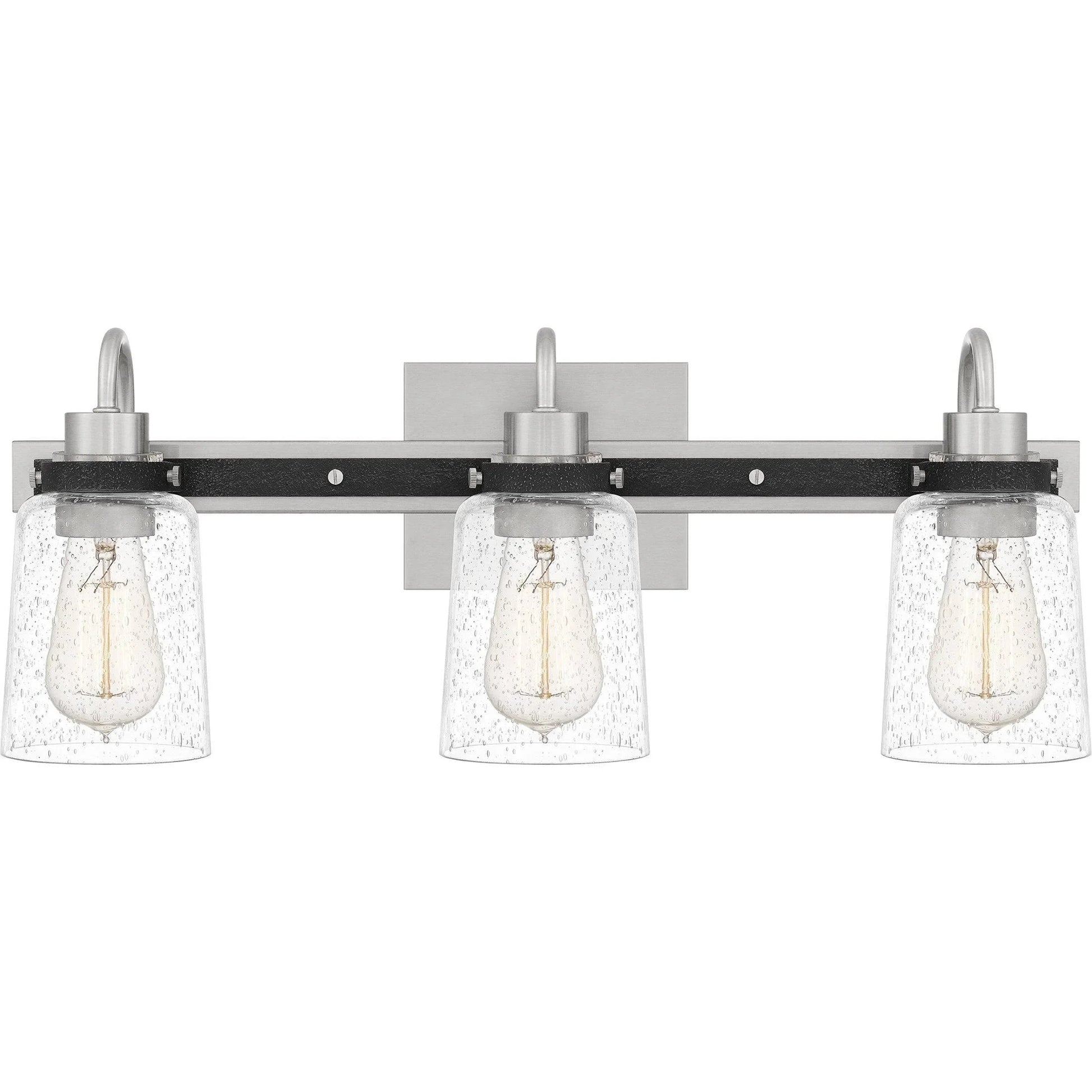 Brushed nickel vanity light, by Quoizel, for bathroom