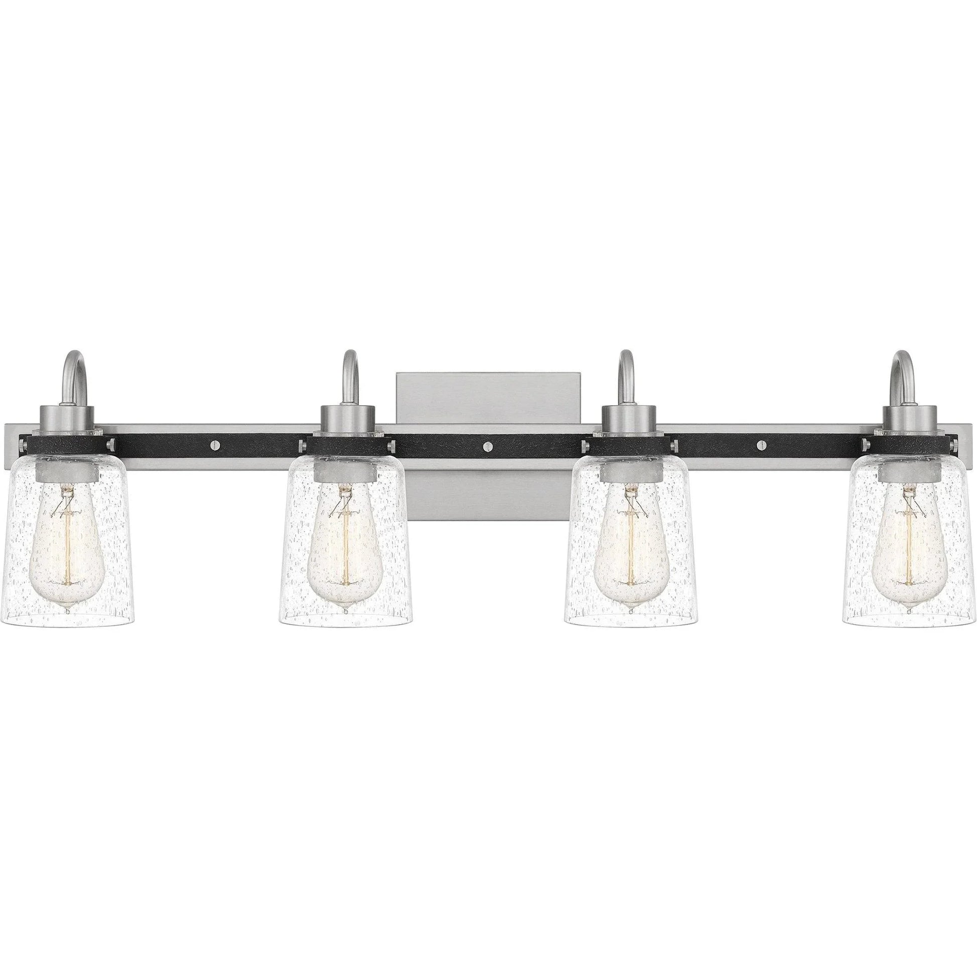 Brushed nickel vanity light, by Quoizel, for bathroom