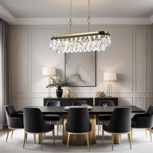 Black+ brass/ crystal island pendant, by Maple, for kitchen island or dining, angled view