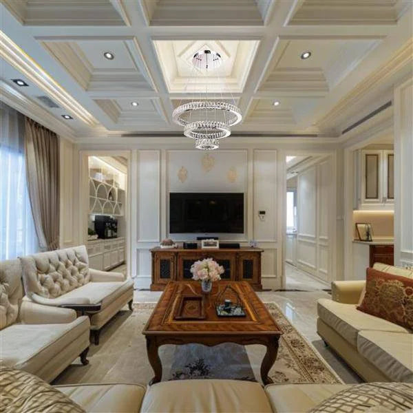 Chrome + crystal chandelier, by Maple, angled view