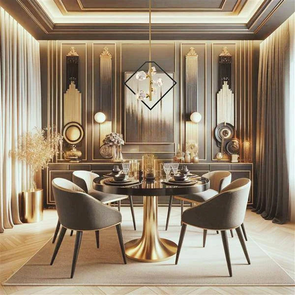 Gold+black chandelier, by Maple, angled view