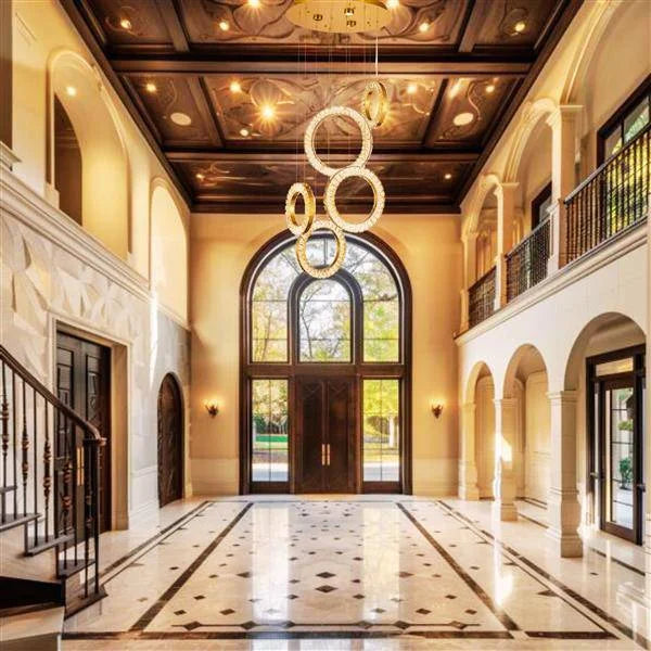 Gold chandelier, by Maple, angled view