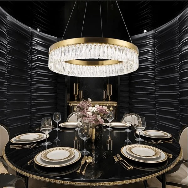 Gold chandelier, by Maple, angled view