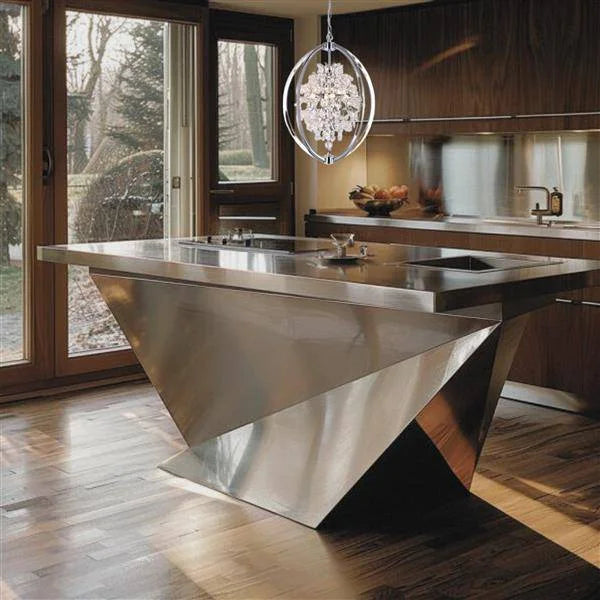 Chrome + clear crystal chandelier, by Maple, angled view